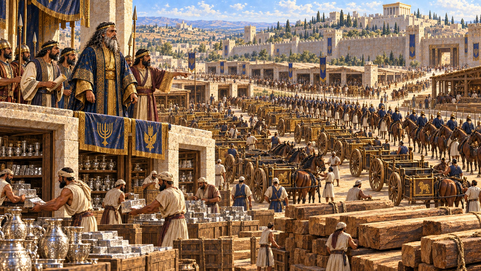 Solomon’s chariots and horsemen occupy Jerusalem and chariot cities while silver and cedar become extraordinarily abundant.