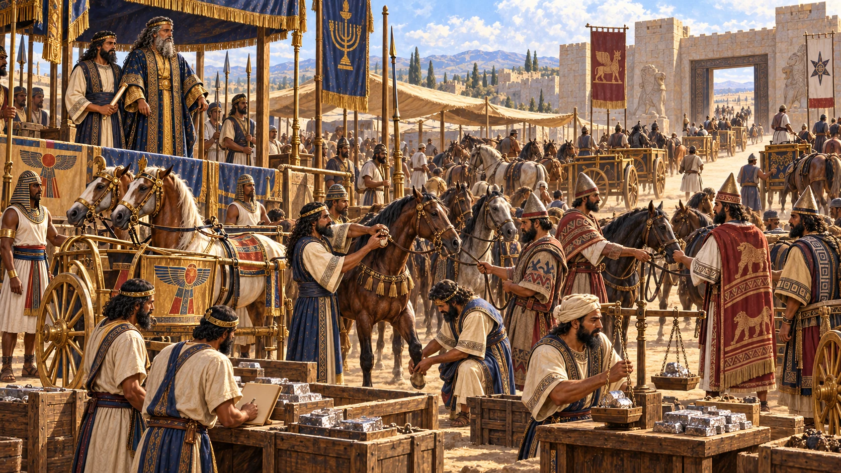 Royal merchants import priced horses from Egypt and Kue and chariots from Egypt, then export them to Hittite and Aramean kings.