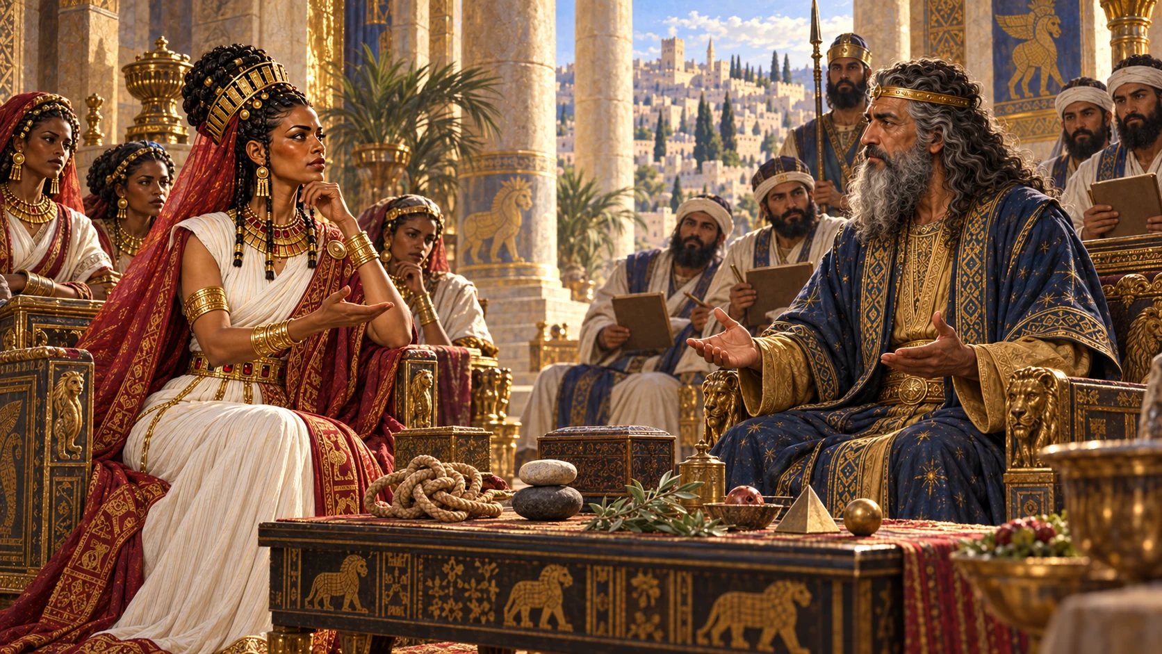 Formal wisdom exchange in which Solomon answers all her difficult questions without resorting to written puzzle text.