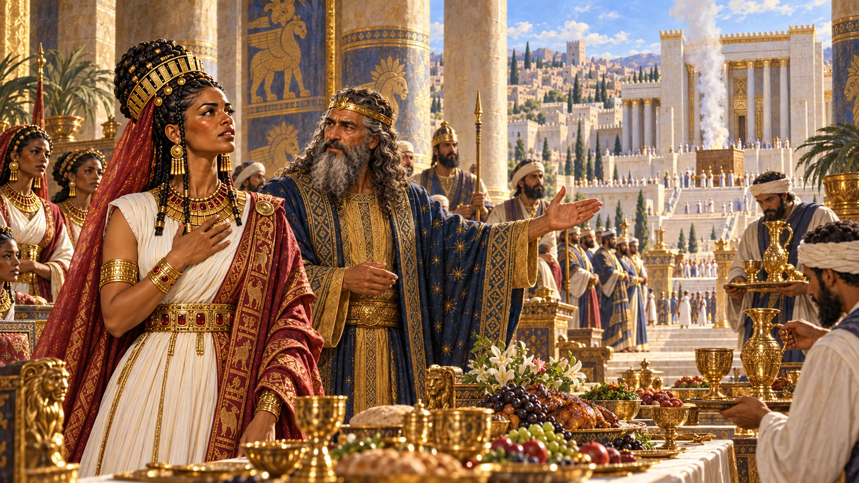 She observes palace, table, servants, ministers, cupbearers and Temple offering and is overwhelmed by the whole ordered court.