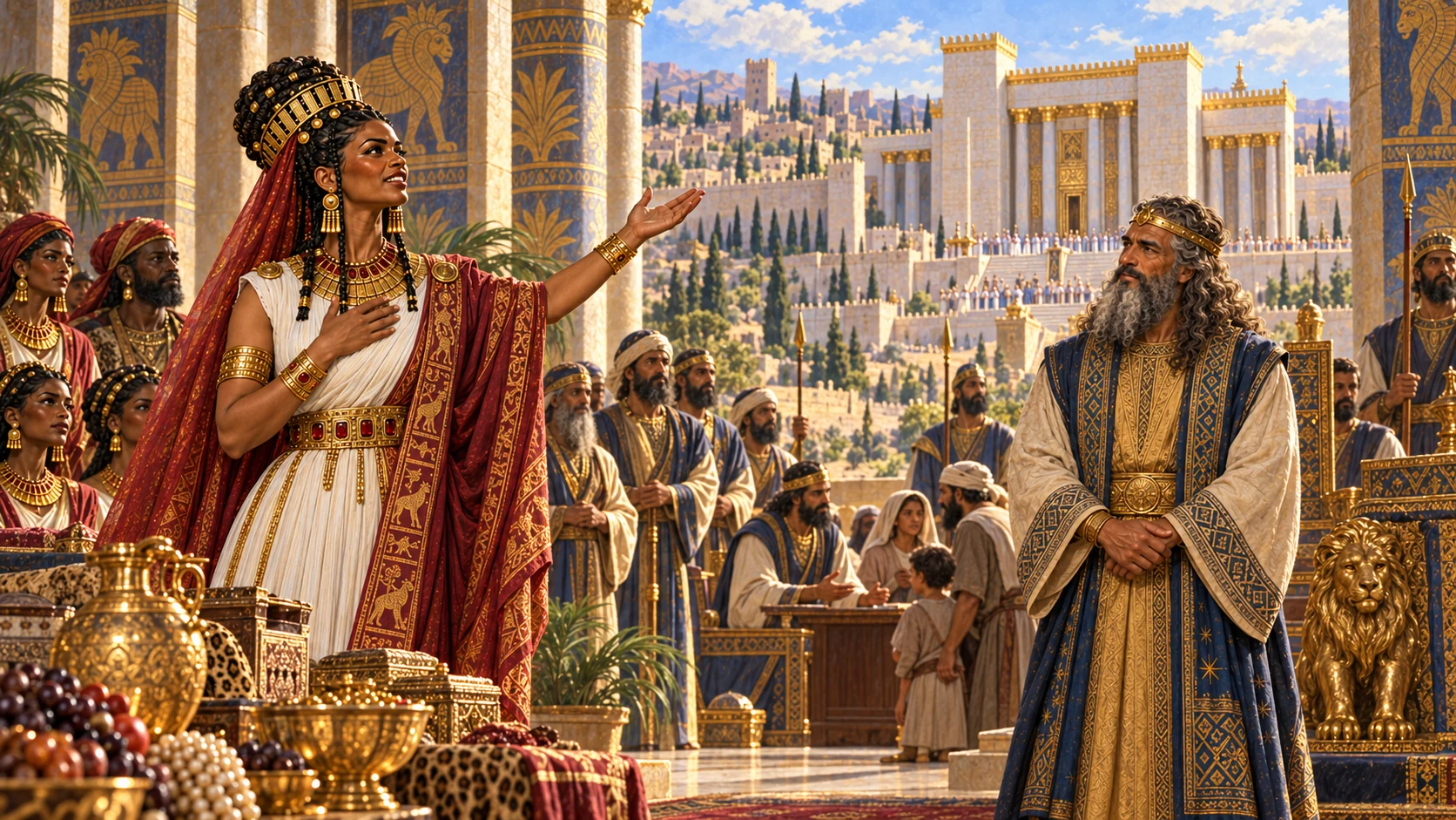 Her formal testimony praises Solomon’s wisdom, prosperity, servants, and Yahweh’s love, justice and righteousness.