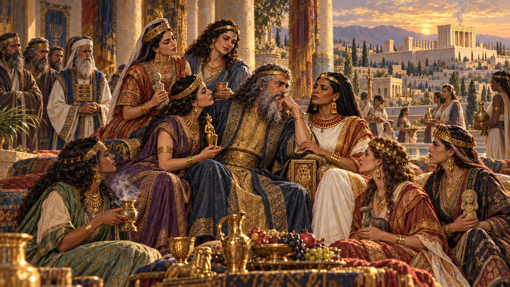 Older Solomon amid a vast multinational royal household; emphasize divided attention and covenant warning without caricaturing the women.