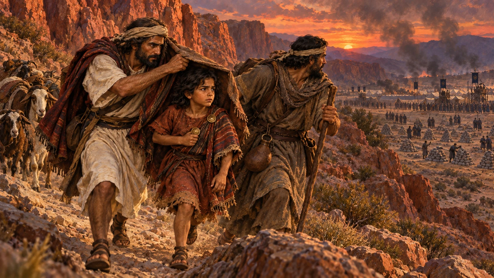 Joab’s six-month campaign shown soberly as young Hadad flees with Edomite servants; no gore.