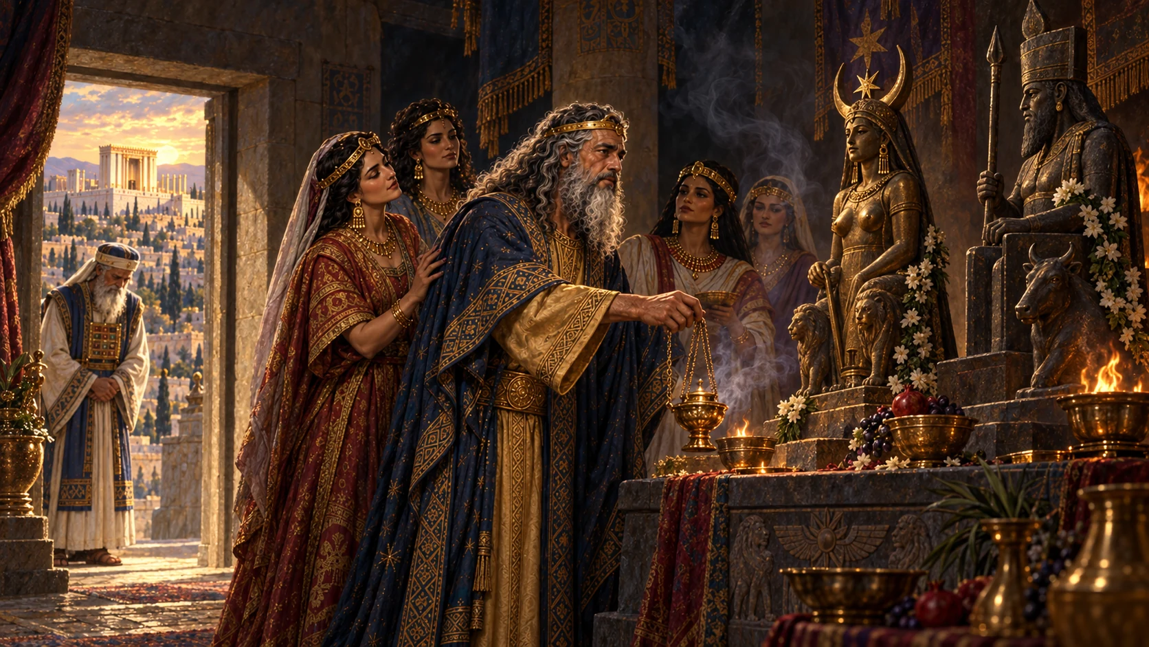 Aged Solomon yields to Ashtoreth and Milcom; portray moral decline soberly and keep pagan cult imagery historically grounded.