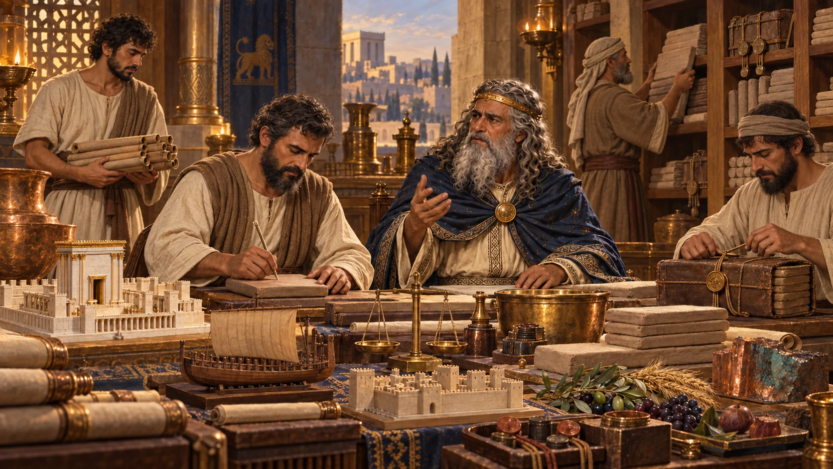 Royal scribes preserve the record of Solomon’s works and wisdom in an unlettered visual archive.
