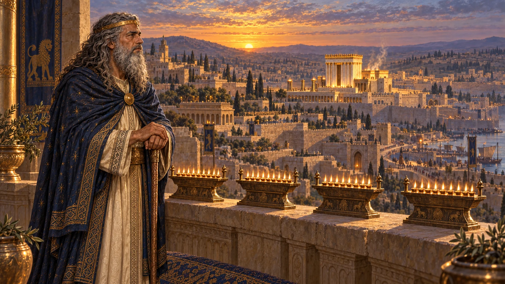 Late-life Solomon surveys Jerusalem after a forty-year reign; convey duration without written numerals.