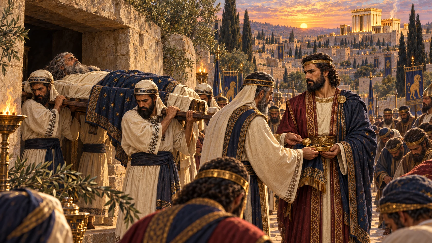 Solomon’s burial in the City of David and Rehoboam’s accession shown as one continuous royal funeral scene.