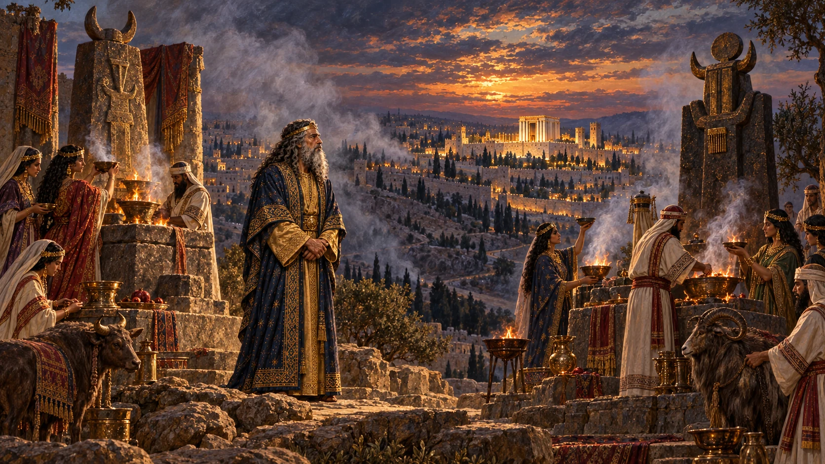 Solomon builds high places for Chemosh and Molech while foreign wives burn incense and sacrifice; no graphic child sacrifice.