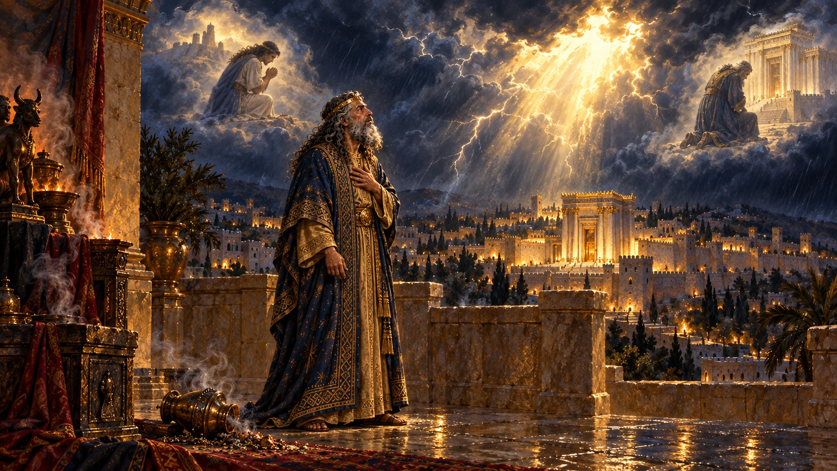 Divine anger conveyed through light, storm and Solomon’s memory of two appearances, never an anthropomorphic deity.
