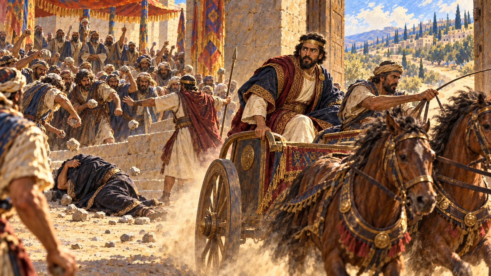Israel stones the forced-labor officer; Rehoboam escapes in a chariot. Keep violence restrained and clear.