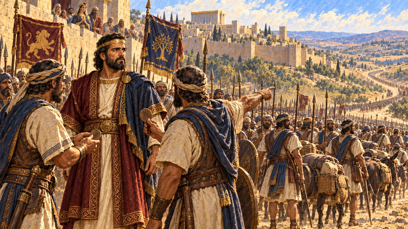 Rehoboam gathers Judah and Benjamin for war to recover Israel; show military preparation, not an invented battle.