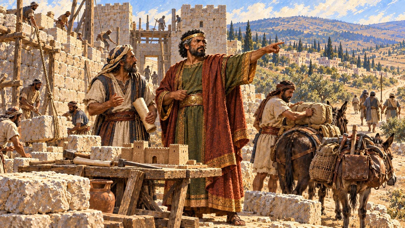 Jeroboam builds Shechem and Penuel; a representative construction scene may show both plans without false simultaneous presence.