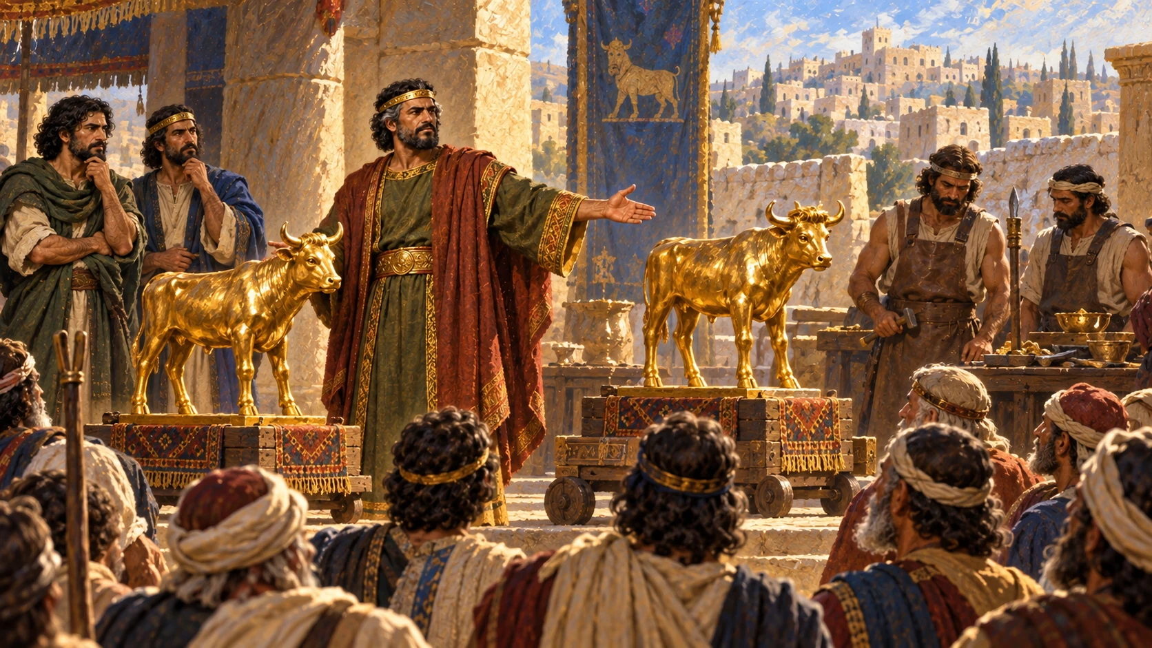 After counsel, Jeroboam commissions two calf images and presents them to Israel; no invented miracle.