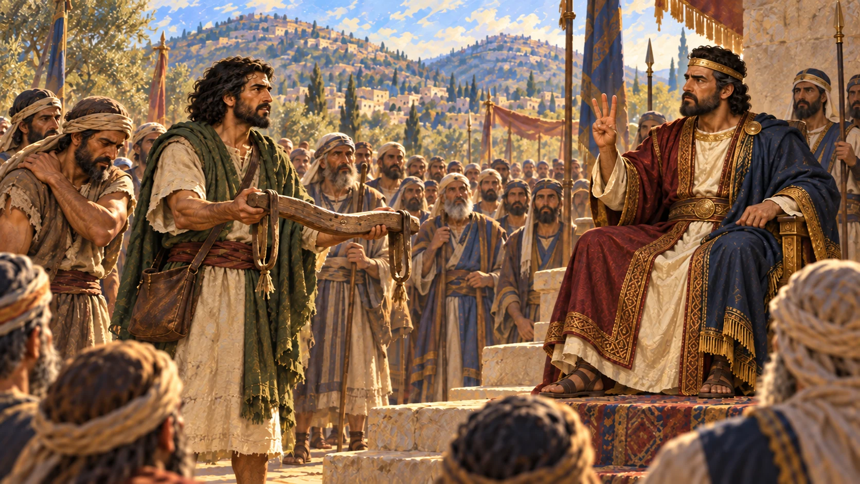 Jeroboam and the assembly ask Rehoboam to lighten Solomon’s heavy yoke; he sends them away for three days.