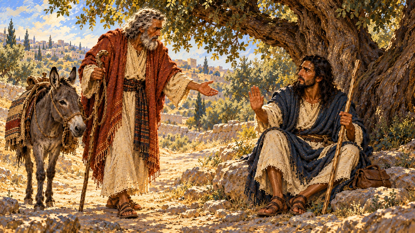 The old prophet finds the Judean prophet and invites him to eat; the younger man initially refuses.