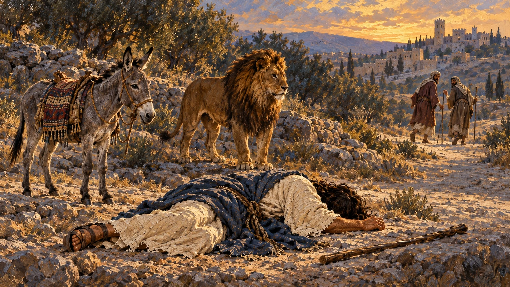 After departure, a lion kills the Judean prophet; depict the aftermath with body, donkey and lion standing, restrained and non-graphic.