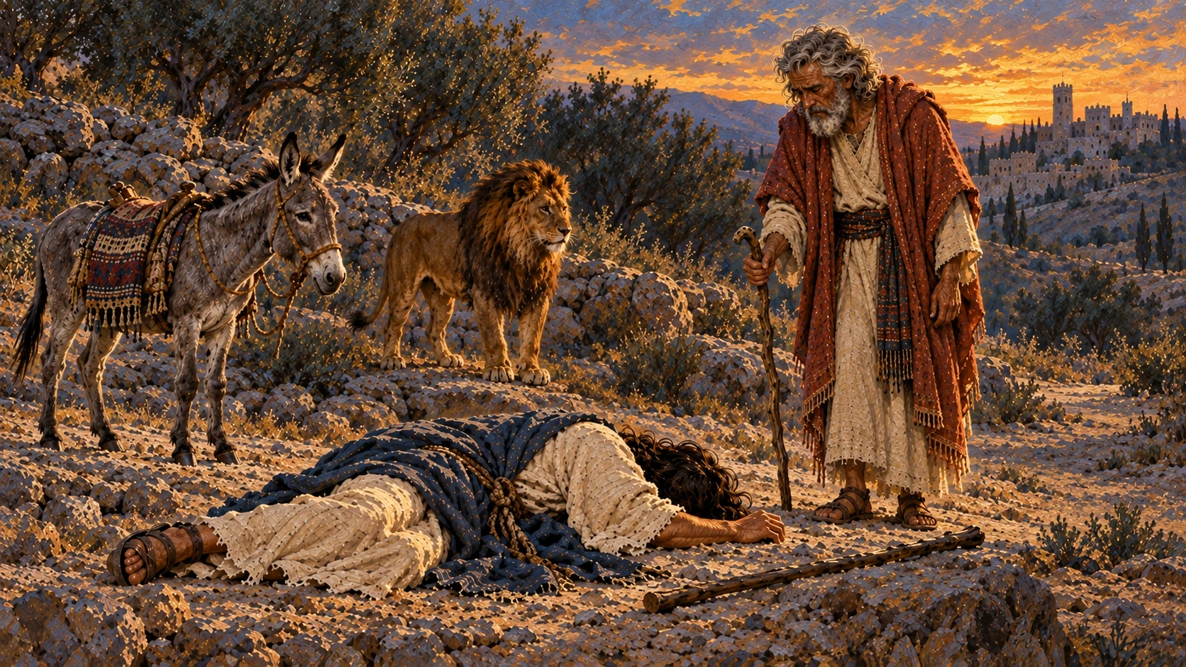 After hearing the report, the old prophet finds the body still beside the unharmed donkey and lion.