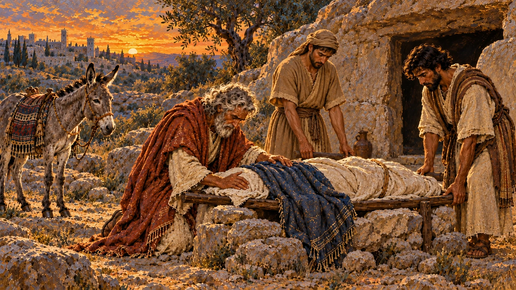 The old prophet brings the body home and mourns at his own tomb.
