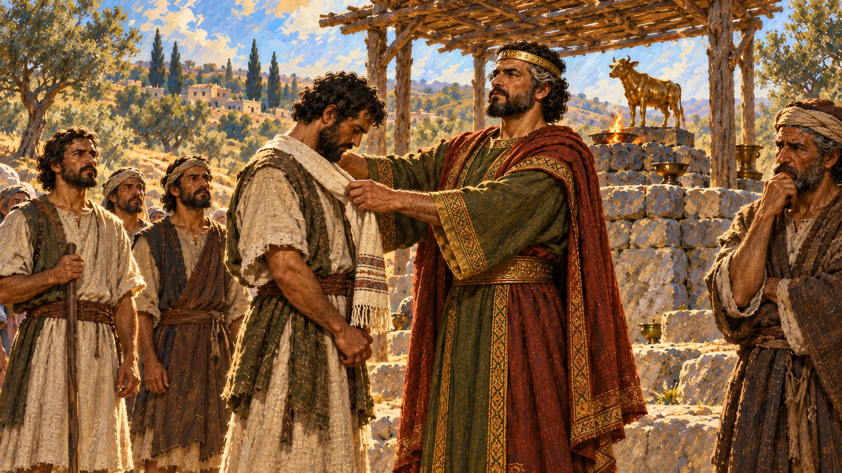Jeroboam continues to appoint high-place priests; his household’s ruin is foreshadowed without depicting an event not yet narrated.
