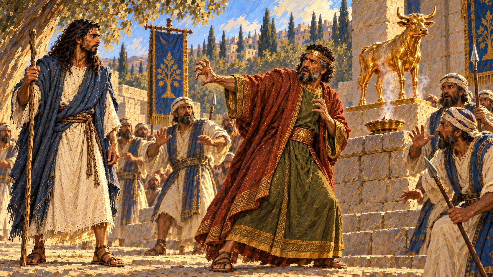 Jeroboam points toward the prophet, and his outstretched hand becomes rigid.