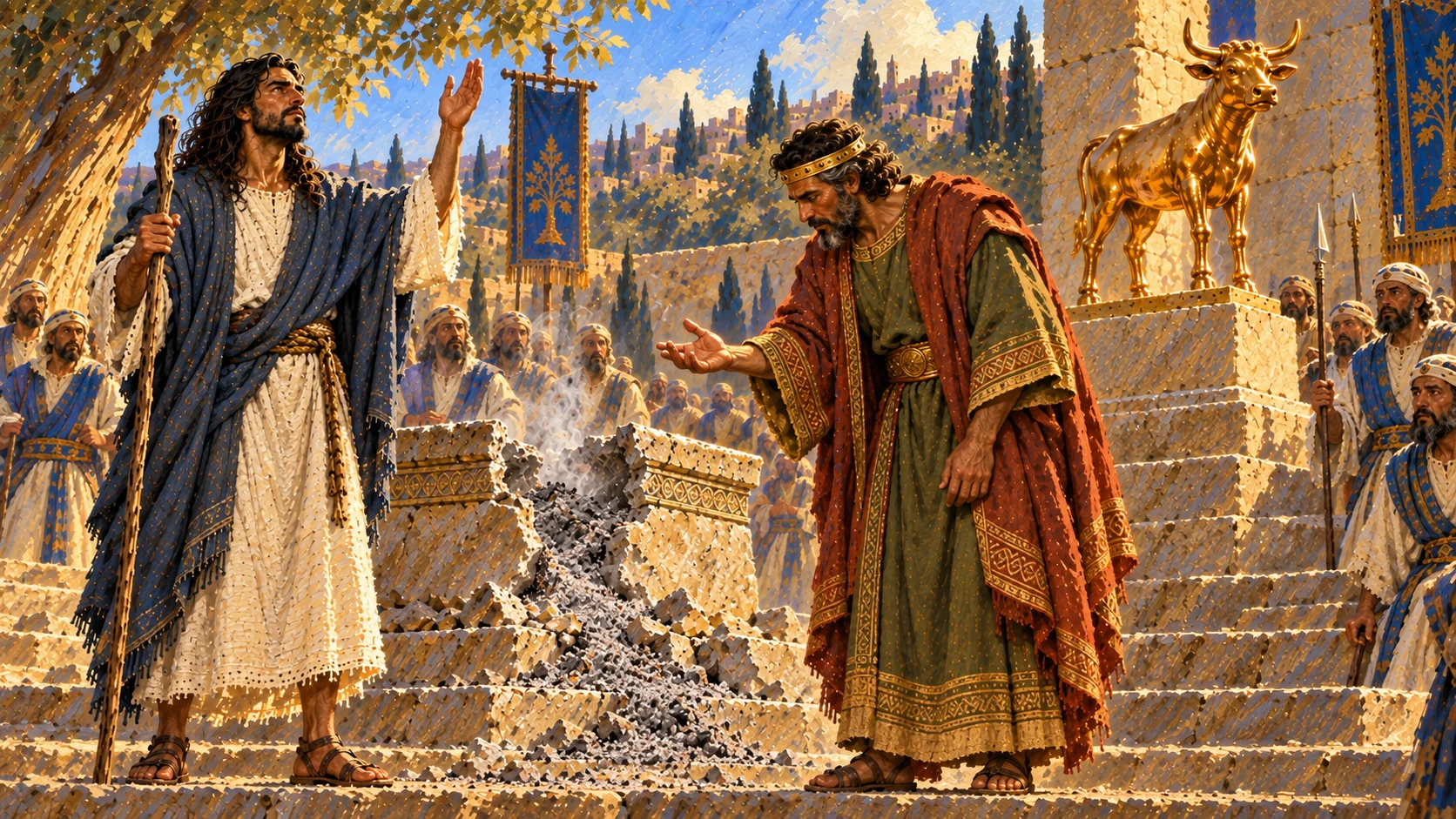 Jeroboam pleads for prayer and his hand is restored; show the moment of entreaty or restoration without duplicating limbs.