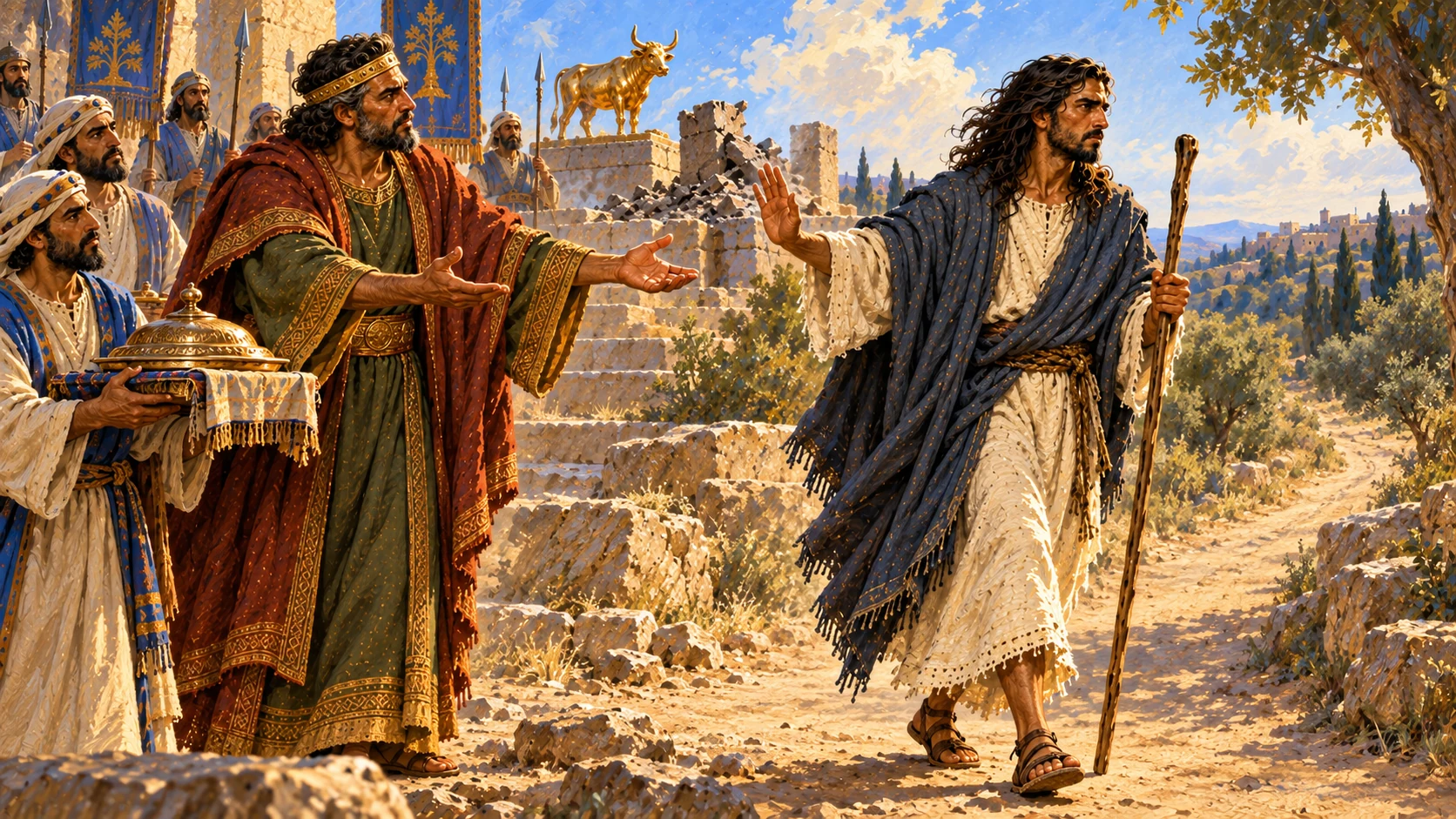 He refuses a meal or gift, then departs by another road; use one departure moment with the king behind him.