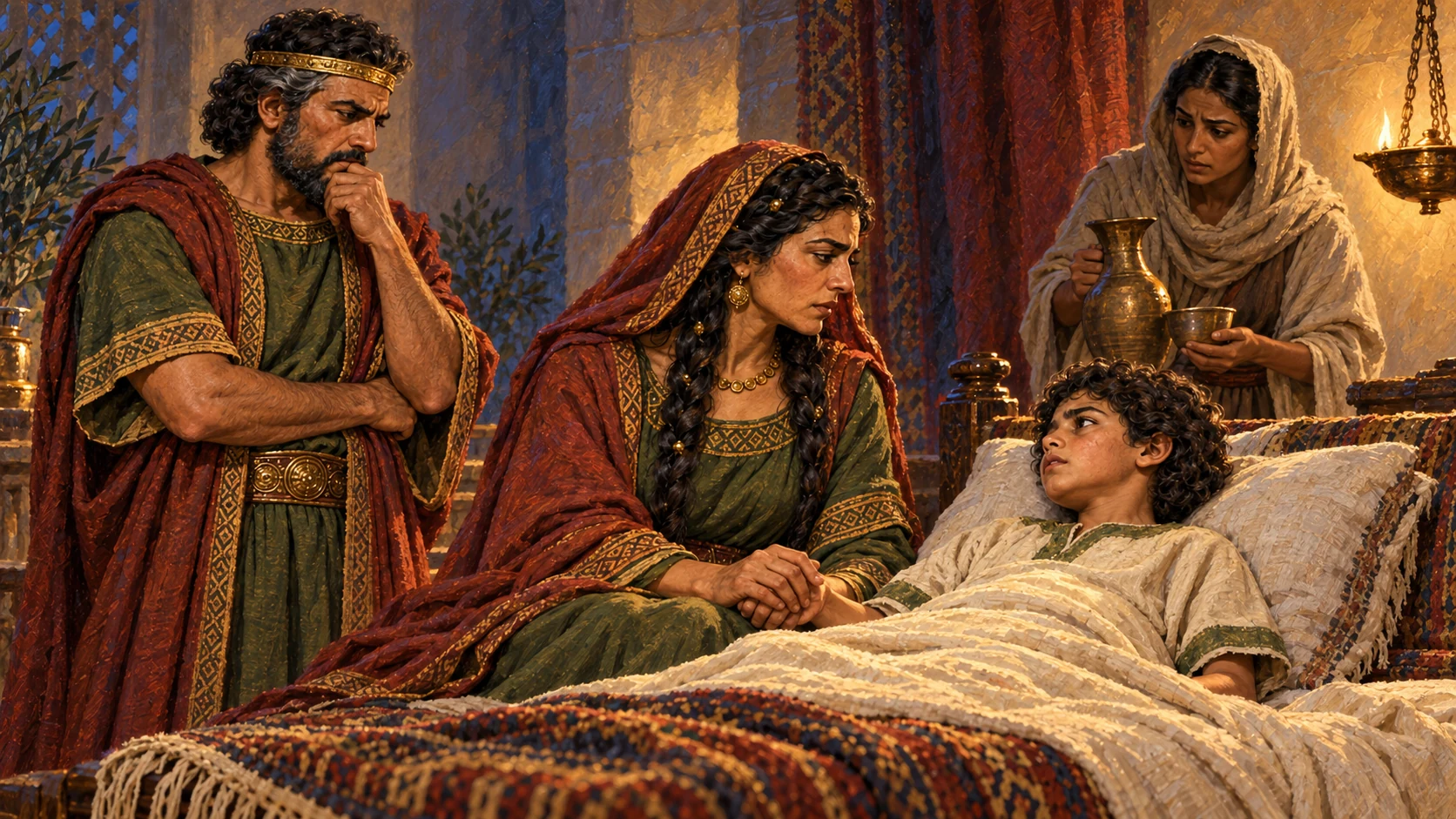 Jeroboam and his wife attend their sick son Abijah in the northern royal household.