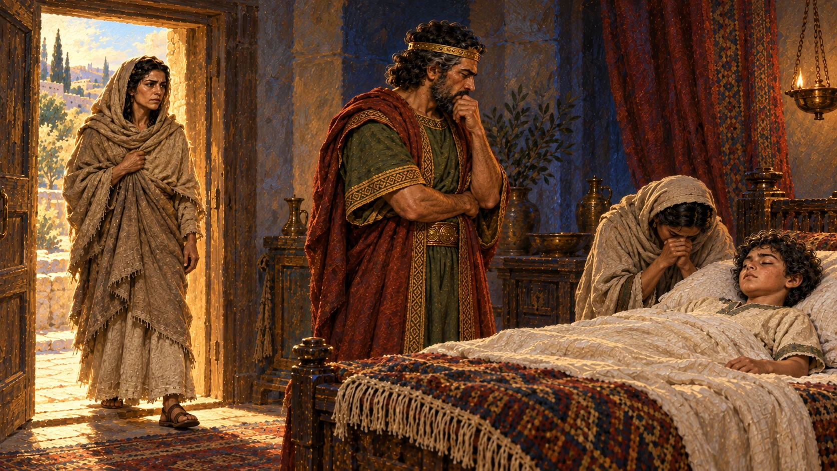 As Jeroboam’s wife reaches her house at Tirzah, the sick child dies; show the mother at threshold and respectful attendants inside.