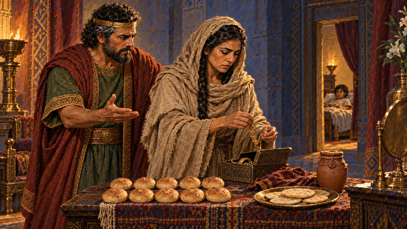Jeroboam asks his wife to disguise herself and bring ten loaves, cakes and honey to the prophet Ahijah.