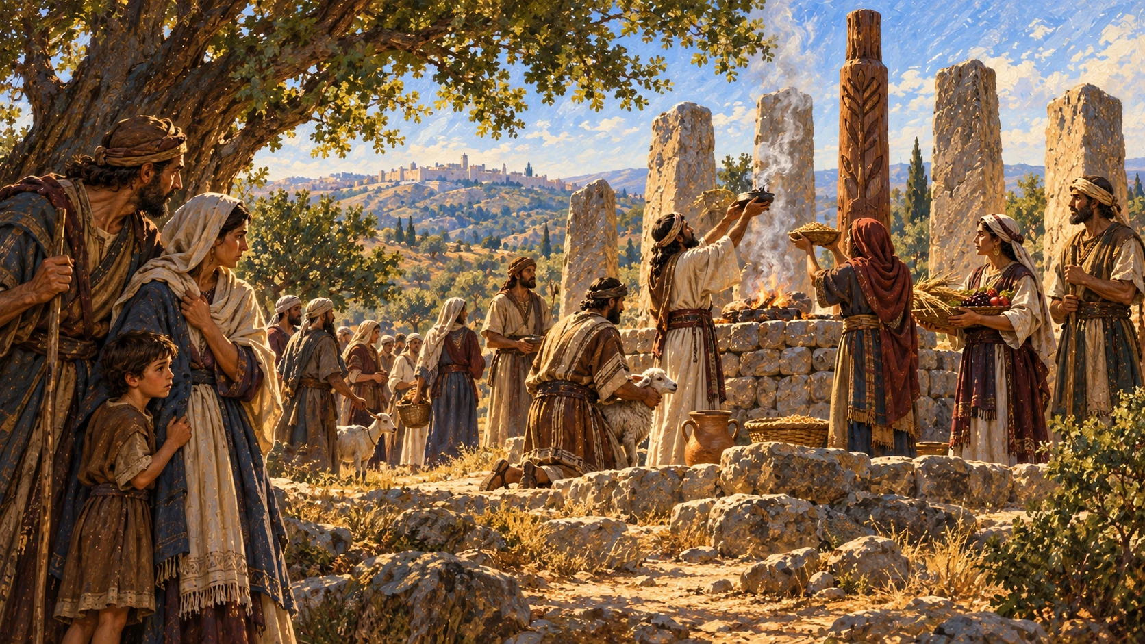 Depict Judah’s widespread high places, pillars and Asherah poles under Rehoboam; avoid eroticized depiction of cult prostitution.