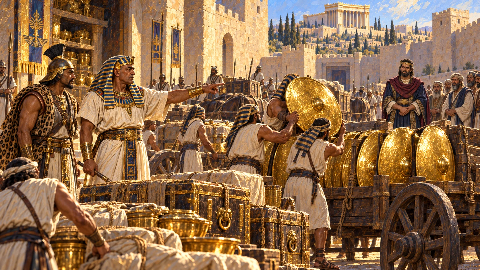 Egyptian King Shishak attacks Jerusalem and removes Temple and palace treasures, including Solomon’s gold shields.