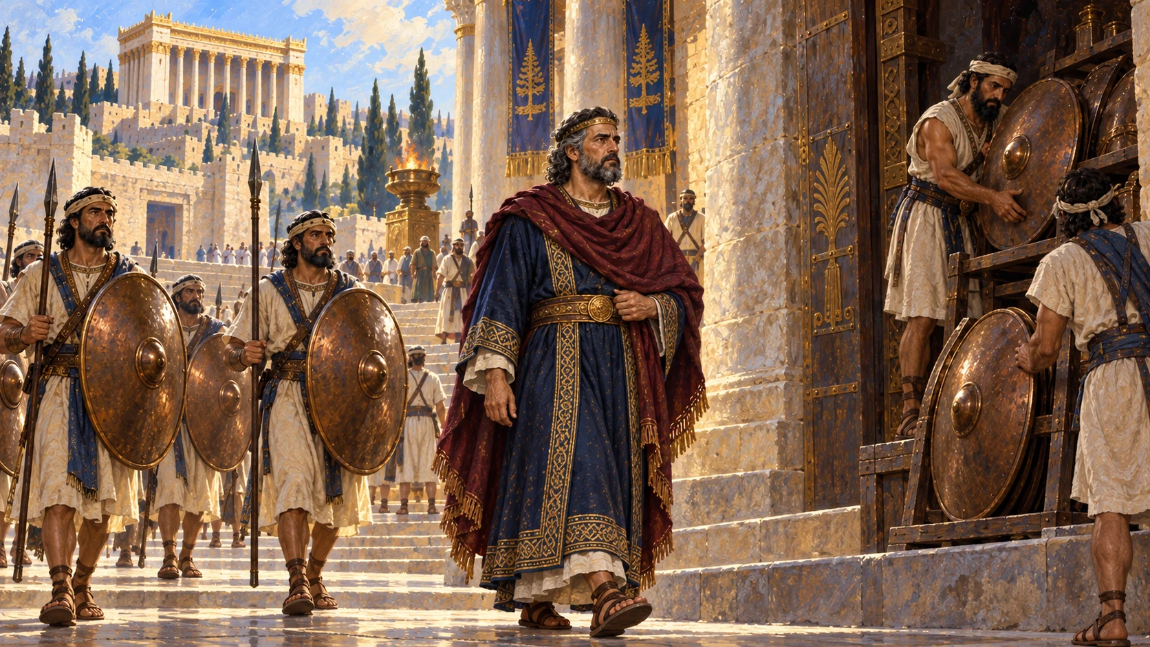 Rehoboam commissions bronze shields and his guards carry them as he goes to Yahweh’s house.