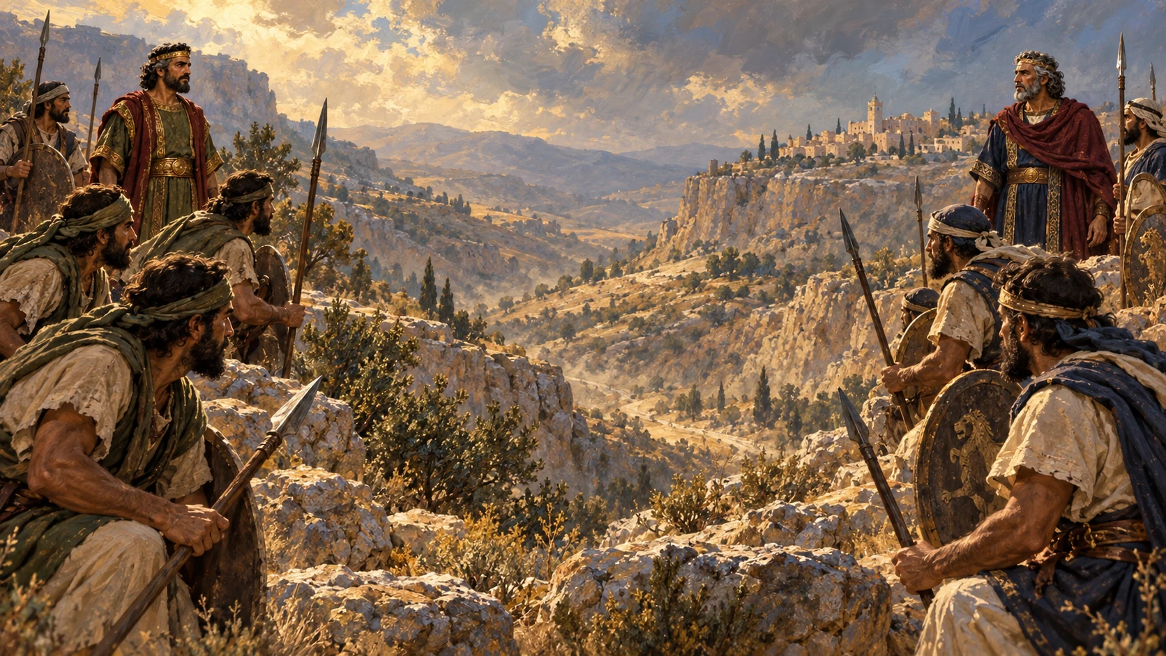 Show a restrained border confrontation reflecting the continuing war between Rehoboam and Jeroboam, without an invented named battle.