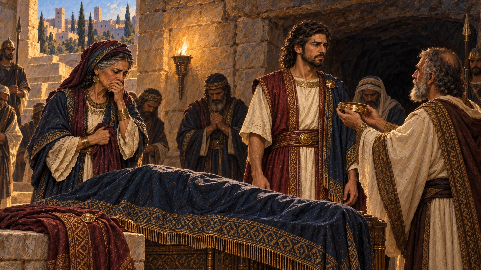 Rehoboam is buried in David’s city and his son Abijam succeeds him; keep Naamah’s identity clear if shown.