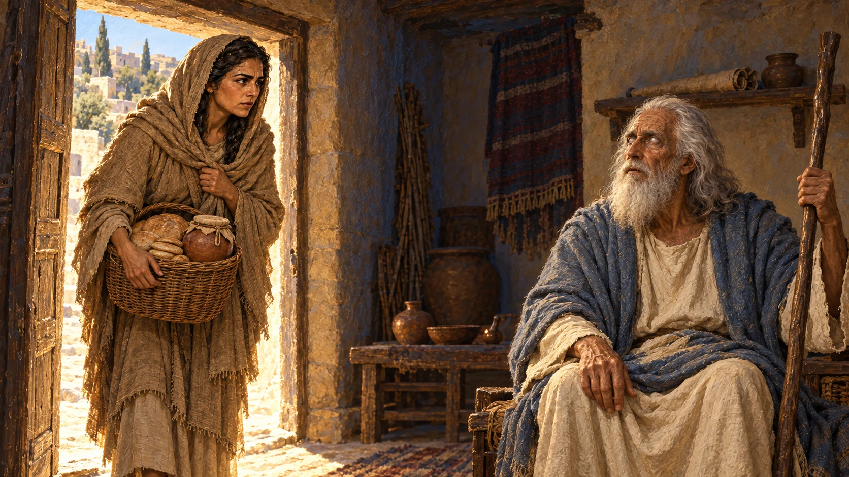 Jeroboam’s wife arrives at Ahijah’s modest Shiloh house disguised as an ordinary traveler; aged Ahijah cannot see.