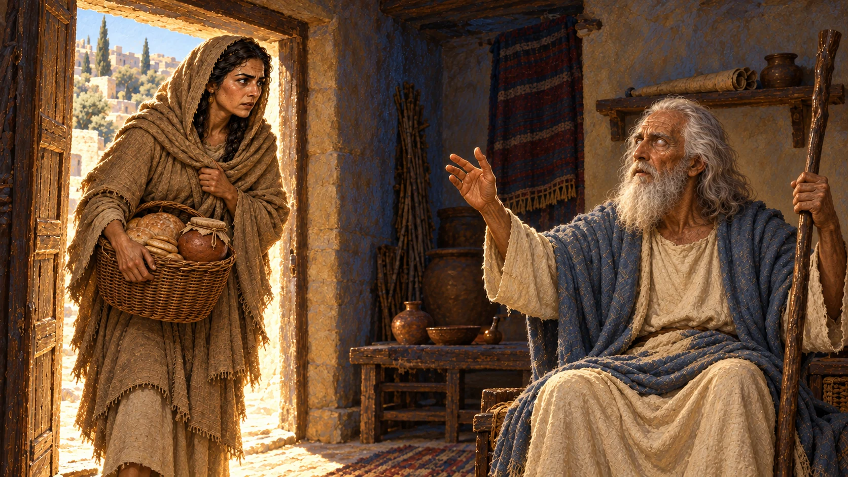 Forewarned by Yahweh, blind Ahijah recognizes the sound of her steps and calls her Jeroboam’s wife.