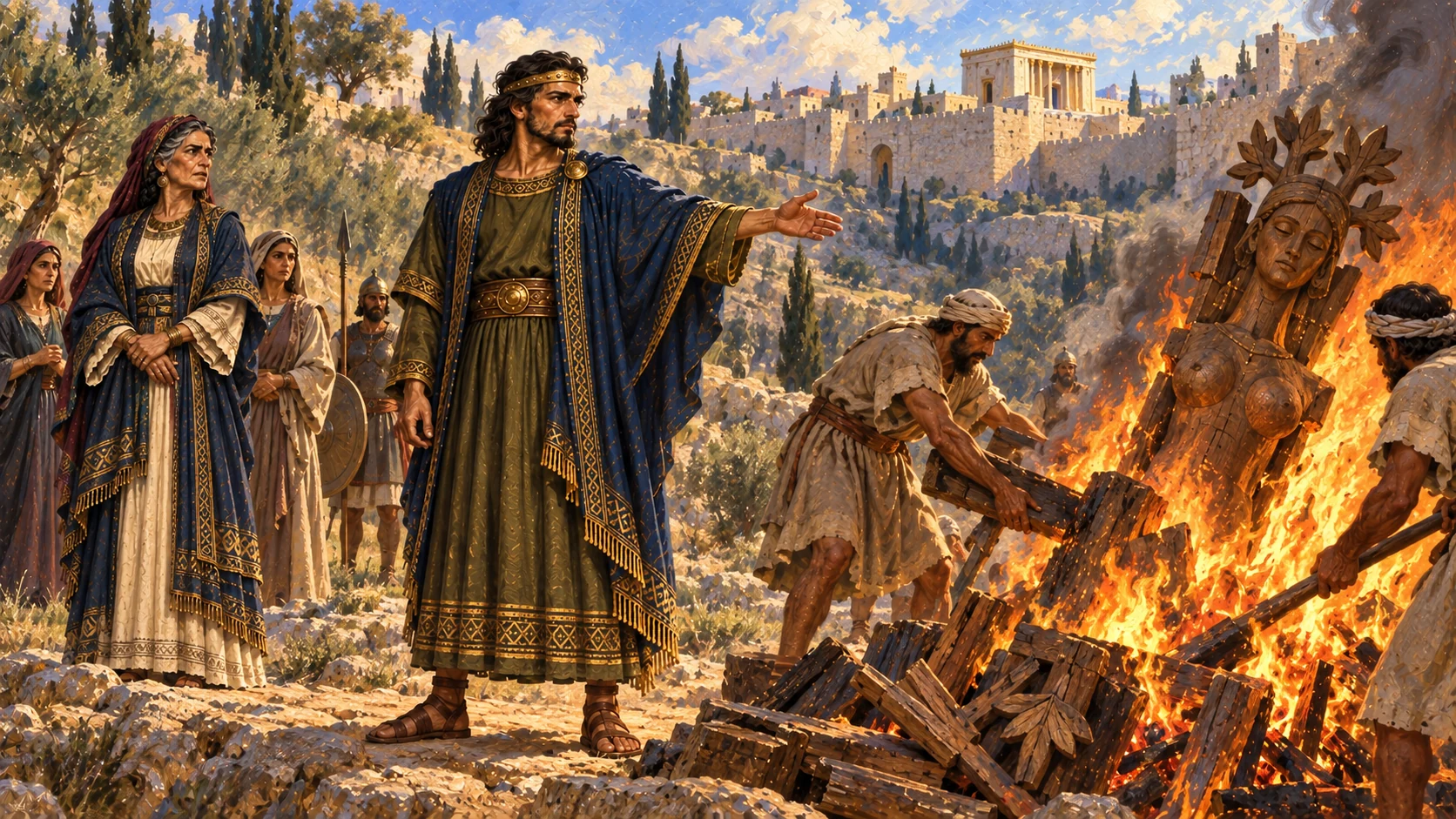 Asa removes the male cult prostitutes and idols; focus on his removal of Maacah from queen-mother rank and the burning of her Asherah image in Kidron, without eroticized depiction.