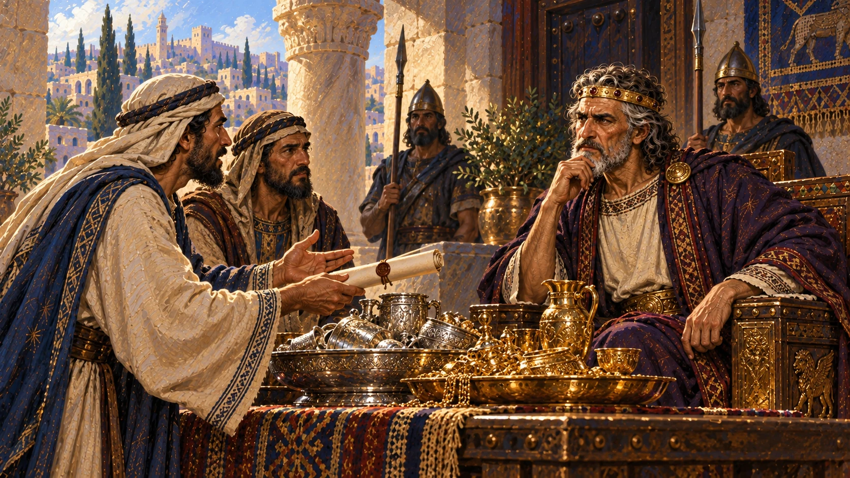 Asa’s servants carry remaining Temple and palace silver and gold to Ben-hadad of Aram to buy a broken covenant with Baasha.