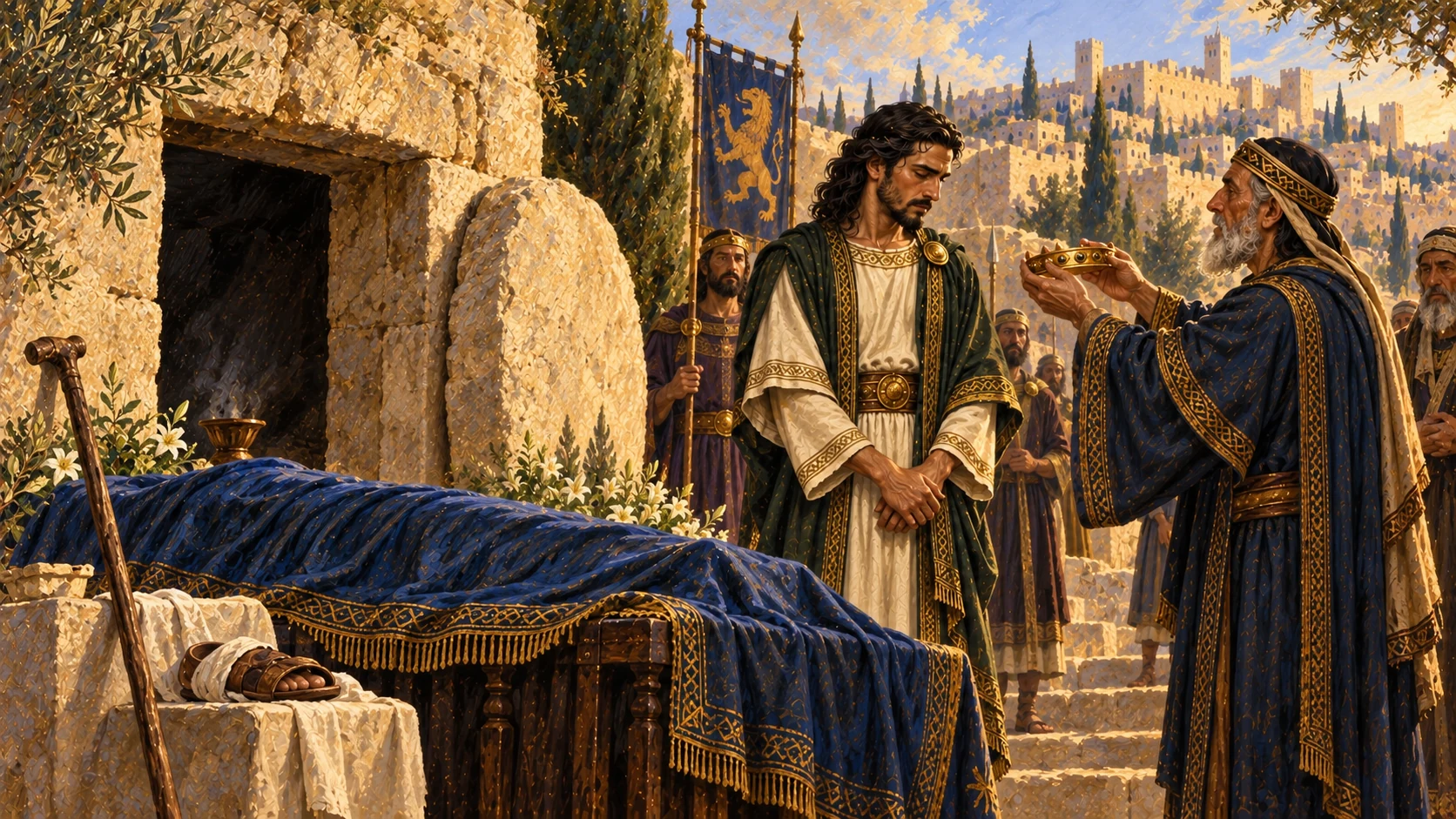 An elderly Asa with diseased feet near the end of his reign; his burial in David’s city and Jehoshaphat’s succession can be represented in one sober farewell scene.