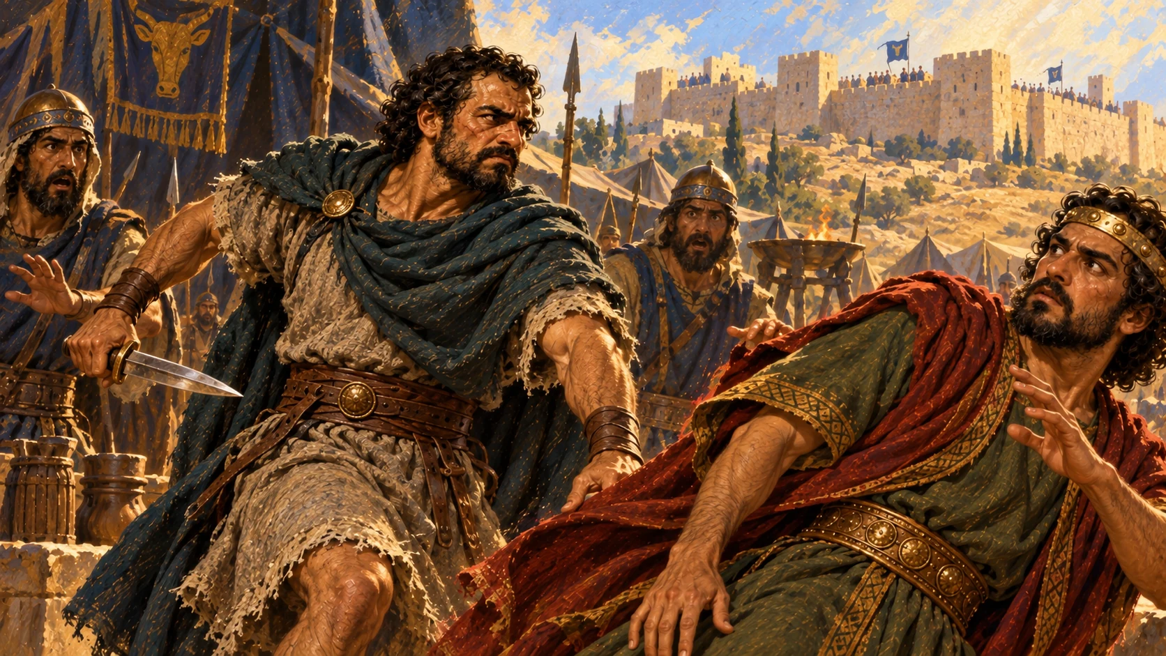 During the siege of Gibbethon, Baasha conspires against and strikes down Nadab; keep violence restrained and geography clear.