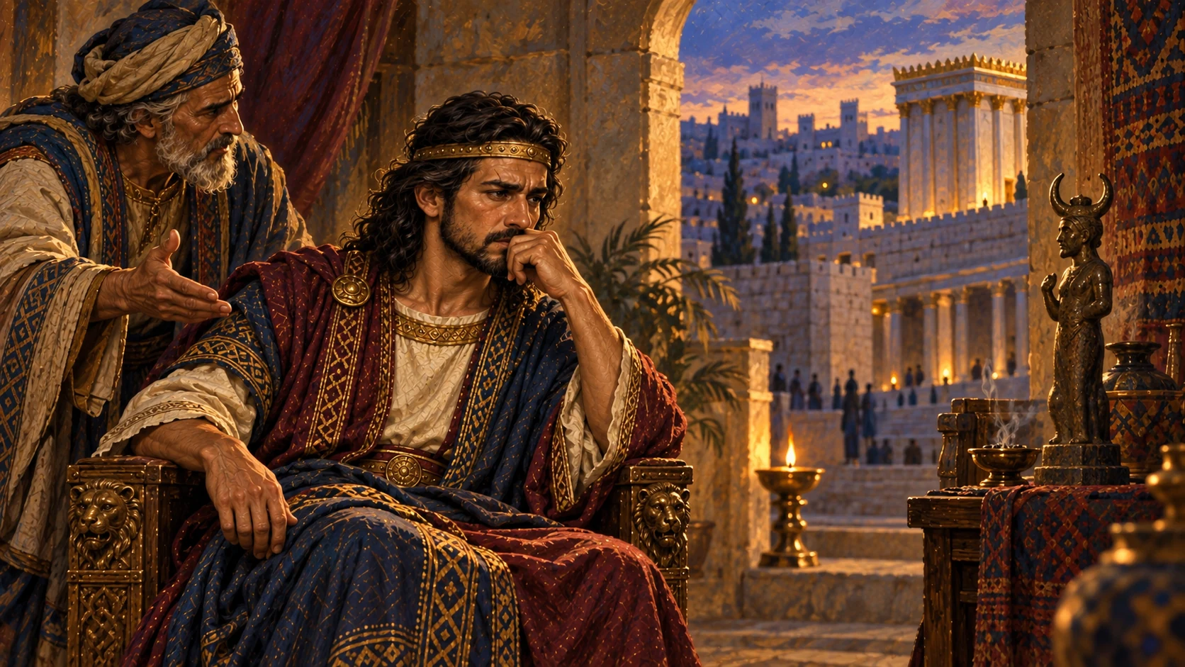 Show Abijam amid inherited religious compromise while the Davidic lamp remains in Jerusalem; avoid depicting David as sinless or Yahweh corporeally.