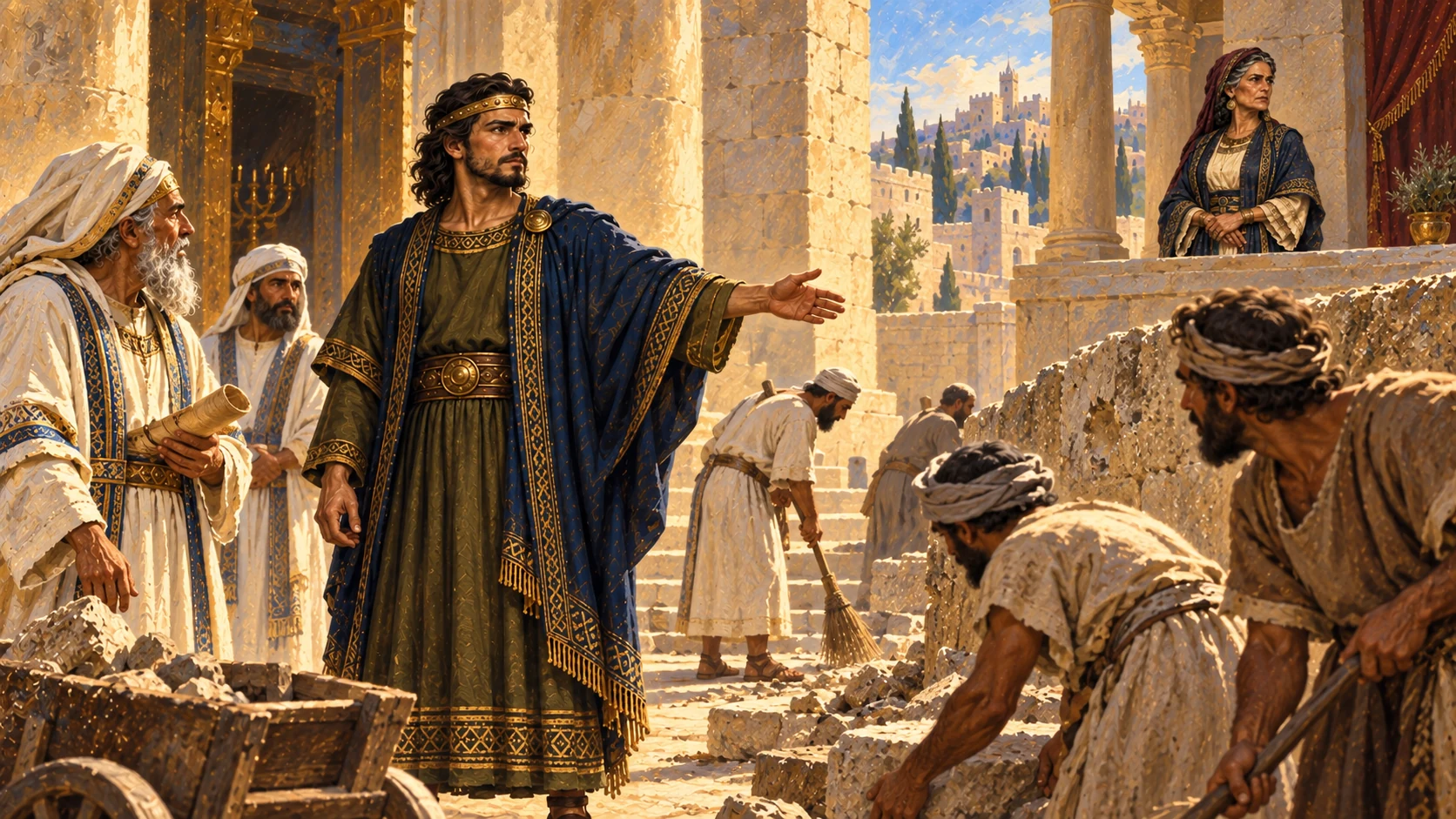 Show Asa in Jerusalem as a ruler seeking to do right before Yahweh, with Maacah still present in the royal household.