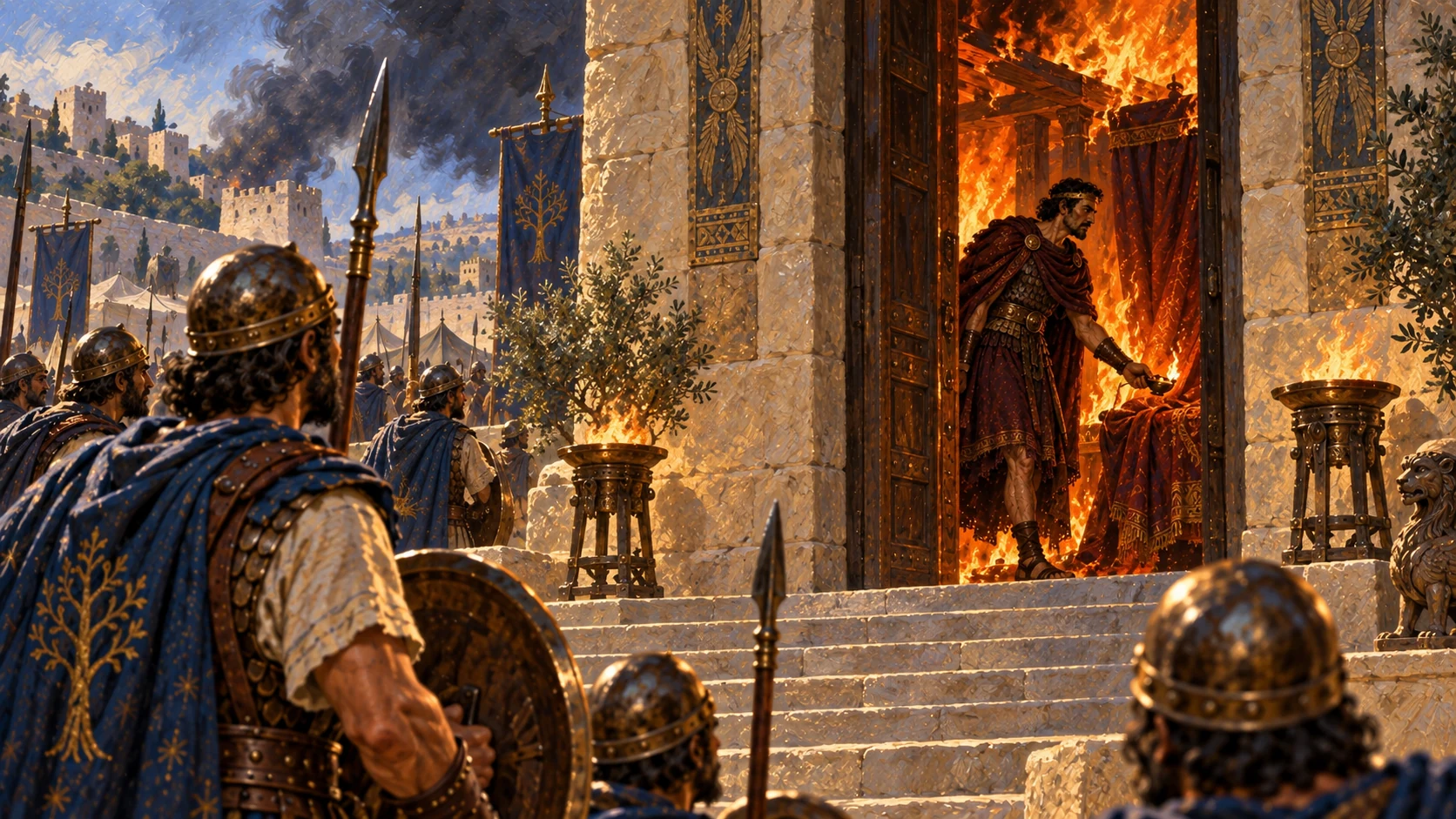 Zimri burns the citadel over himself as Tirzah falls; show fire and crisis without a graphic body.
