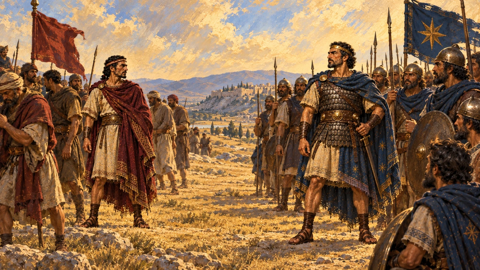 The divided people follow Omri or Tibni; show the struggle resolving in Omri’s favor without invented battle detail.