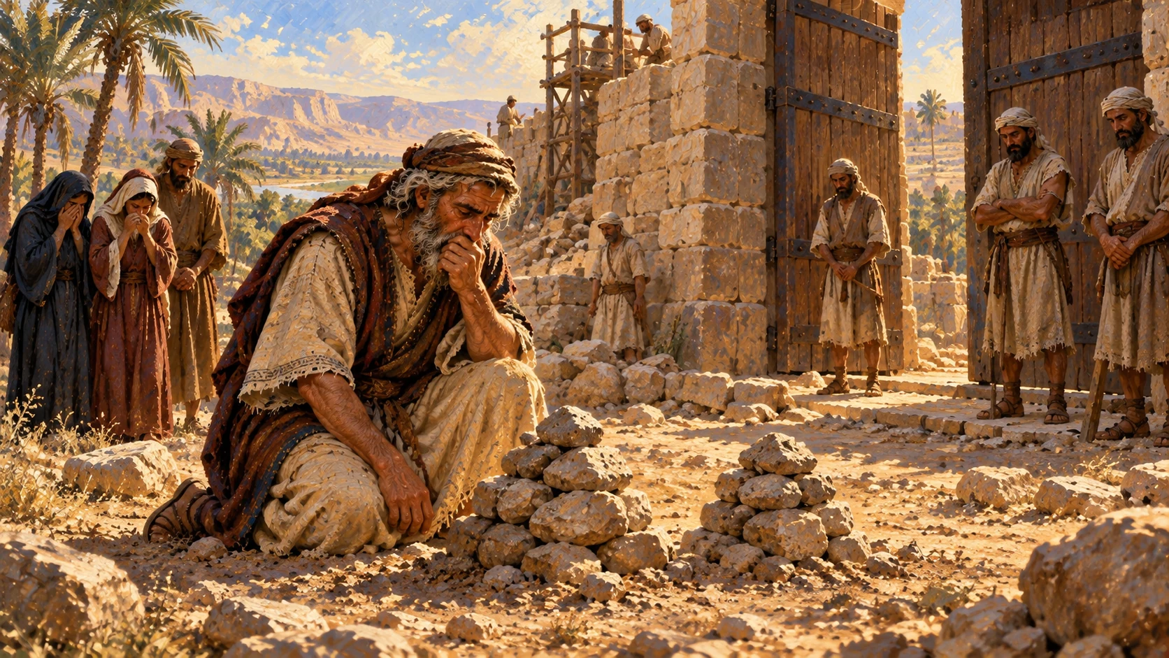 Hiel rebuilds Jericho at the cost of Abiram and Segub; suggest bereavement without graphic child deaths.