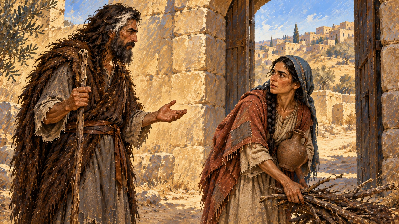 Elijah meets the widow gathering sticks and asks first for water, then bread.