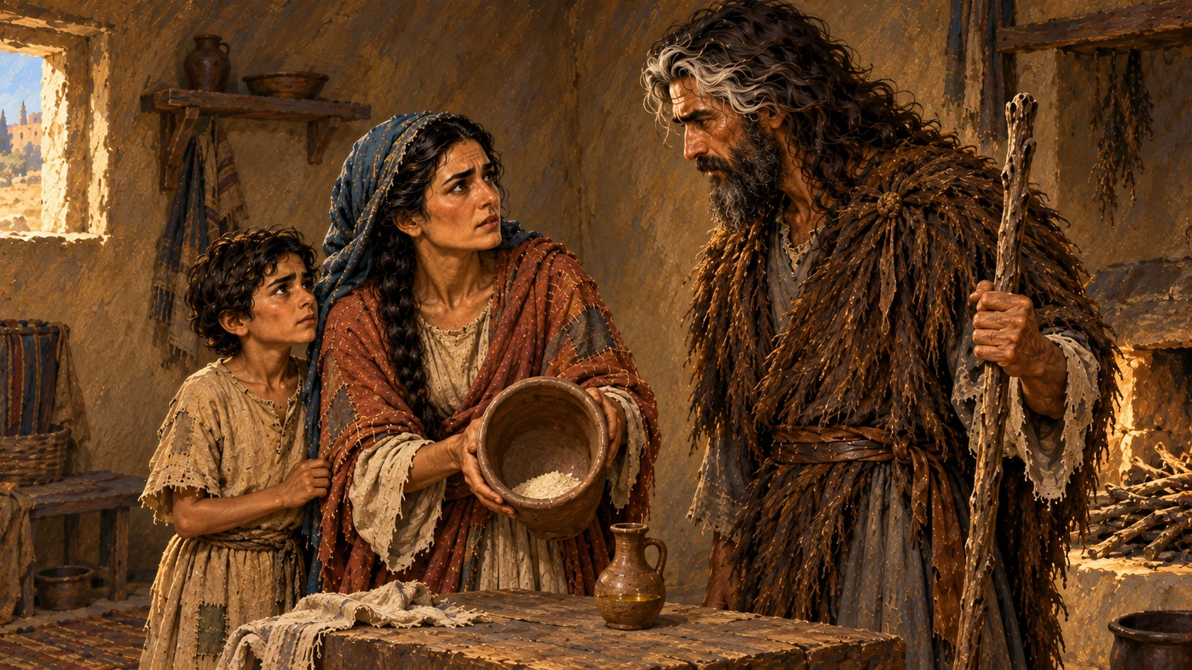 The widow explains the nearly empty flour jar and oil jug and fears for herself and her son.
