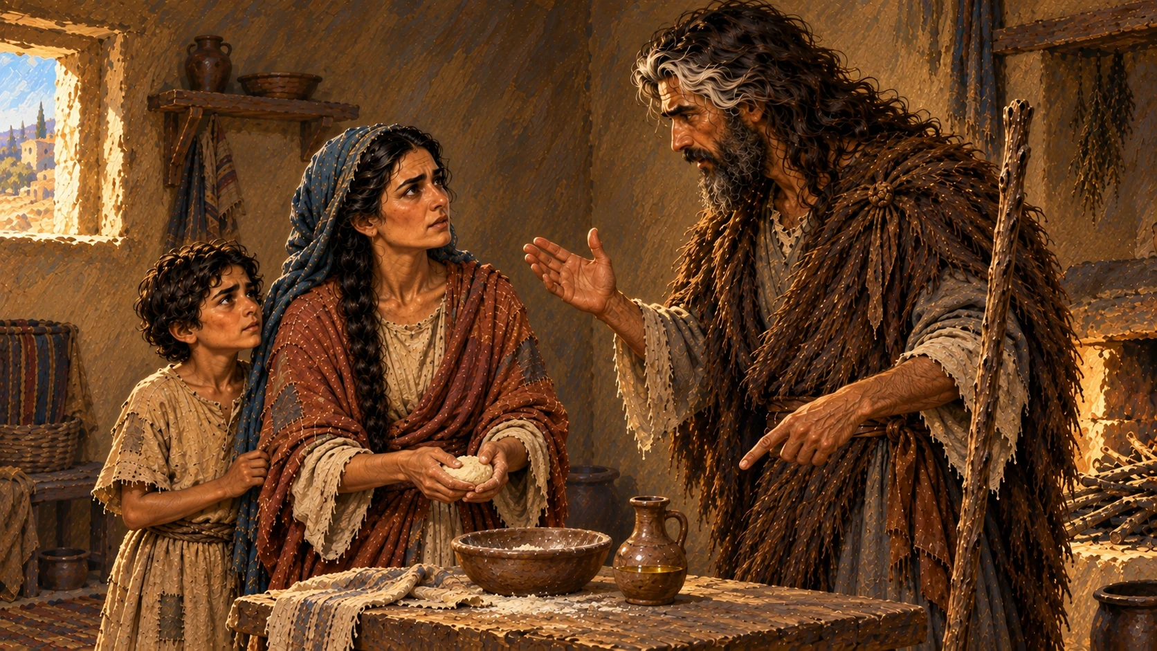 Elijah asks her to make him bread first and promises the flour and oil will last until rain.