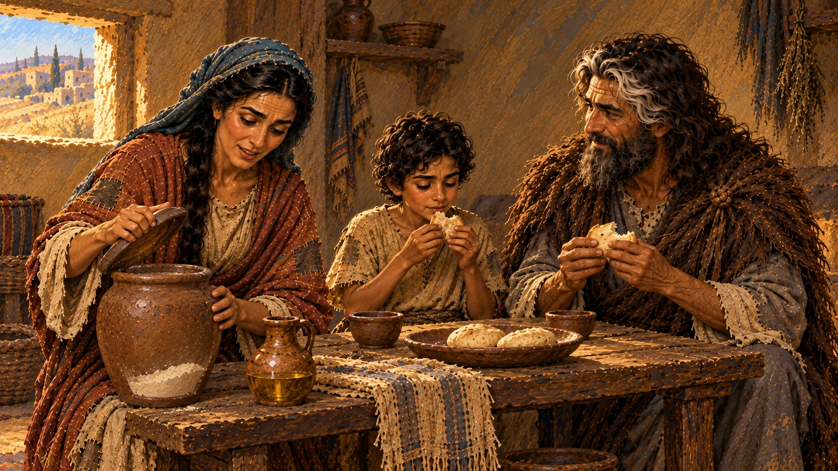 The widow obeys; Elijah and her household eat for many days while the jar and jug do not run out.