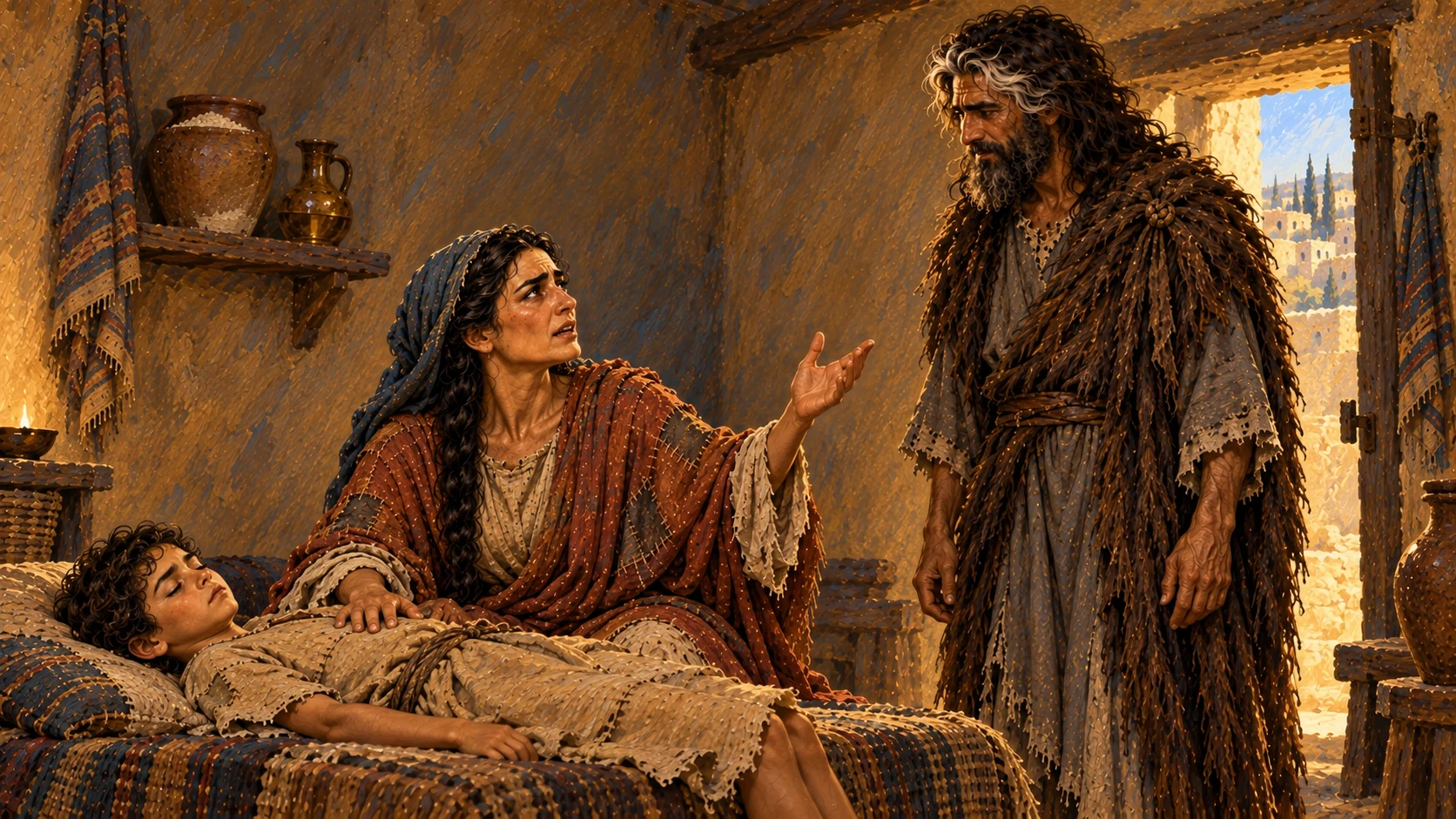 Her son becomes gravely ill and dies; she confronts Elijah in grief.